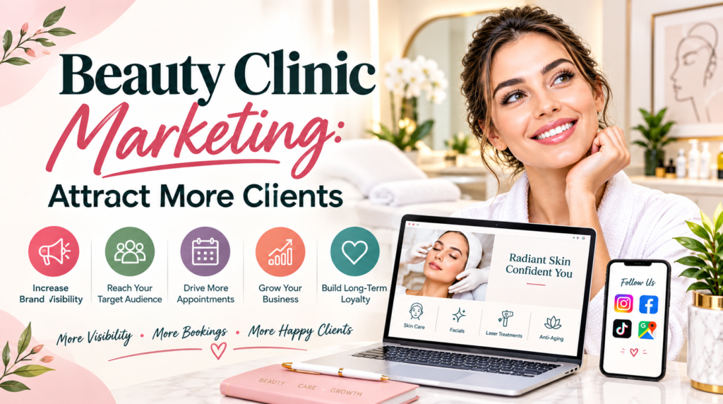 Beauty clinic marketing banner promoting client growth and bookings.