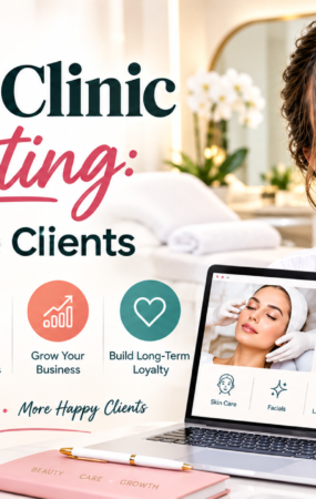 Beauty clinic marketing banner promoting client growth and bookings.