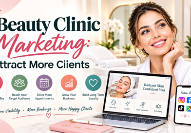 Beauty clinic marketing banner promoting client growth and bookings.