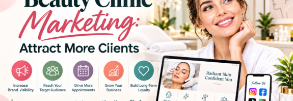Beauty clinic marketing banner promoting client growth and bookings.