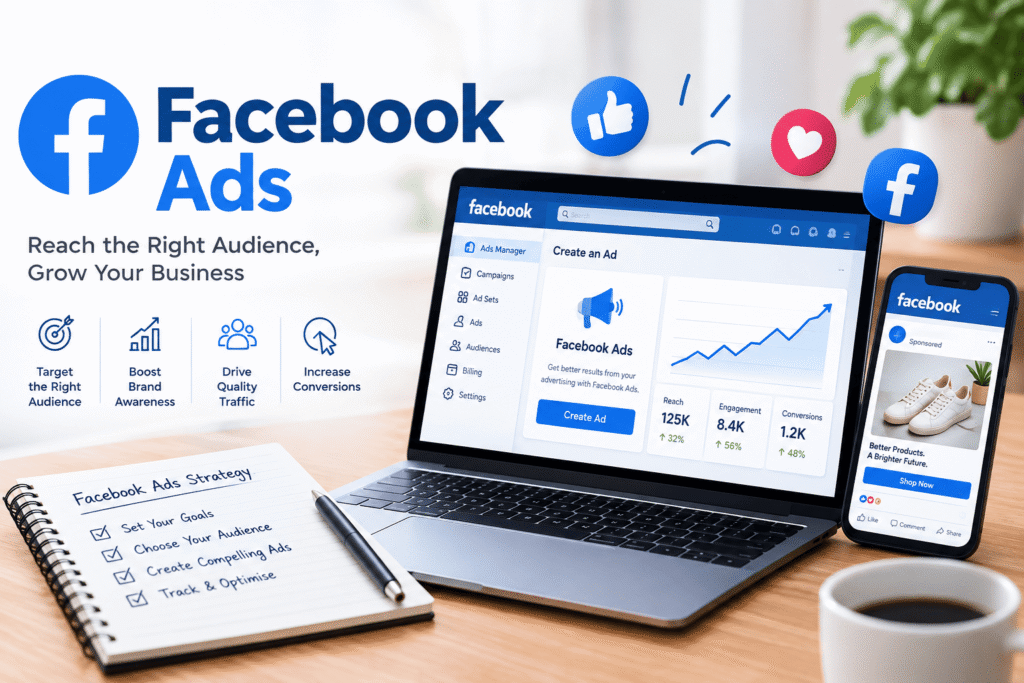 Facebook Ads campaign dashboard with audience targeting and analytics
