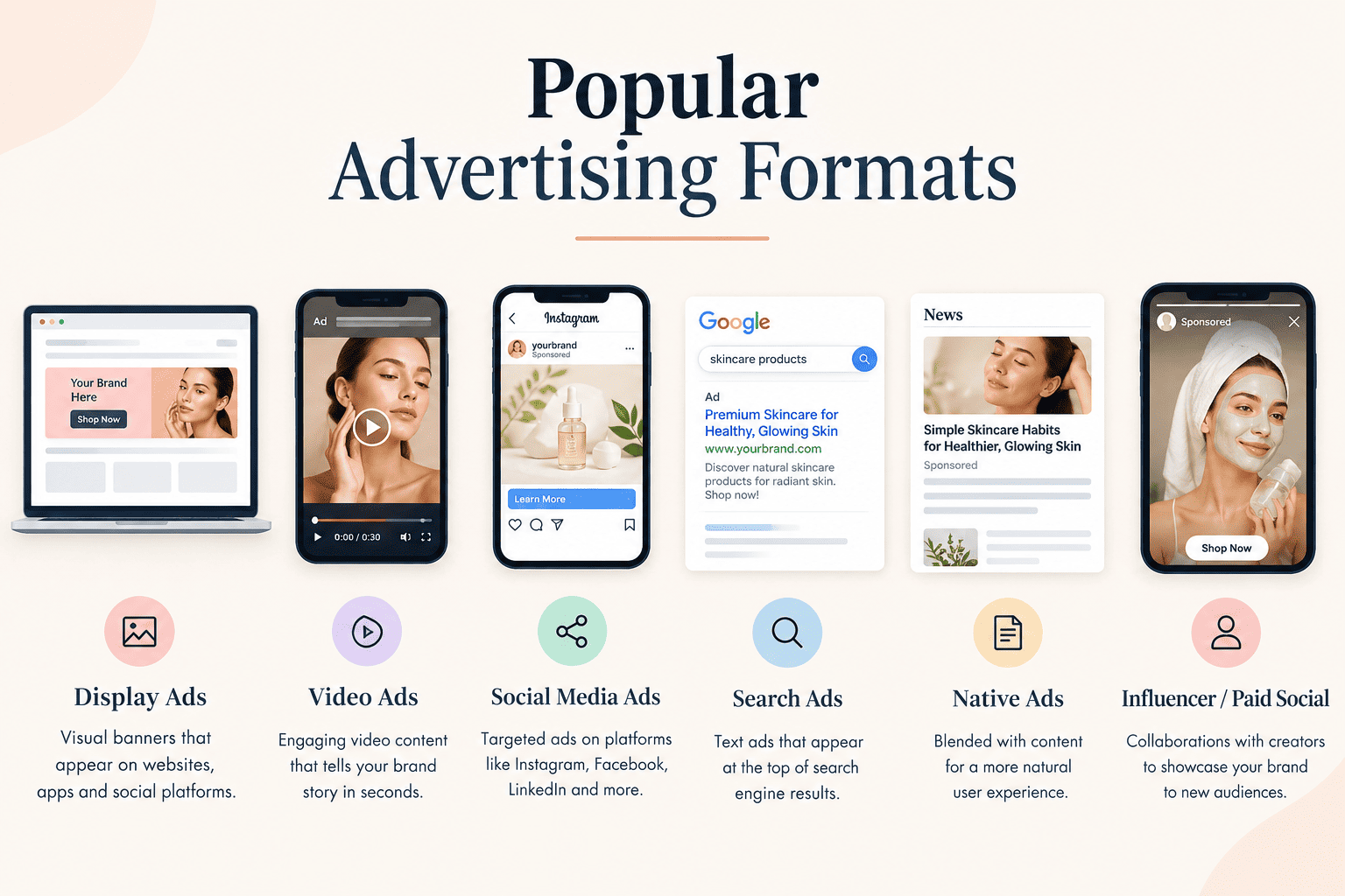 Popular Advertising Formats infographic featuring display ads, video ads, social media ads, search ads, native ads, and influencer or paid social advertising.