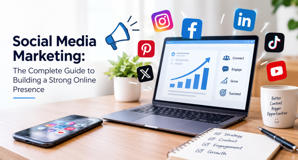 Social media marketing strategy with a laptop showing growth analytics, social media icons, and a smartphone, representing building a strong online presence.