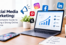 Social media marketing strategy with a laptop showing growth analytics, social media icons, and a smartphone, representing building a strong online presence.