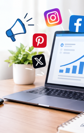 Social media marketing strategy with a laptop showing growth analytics, social media icons, and a smartphone, representing building a strong online presence.