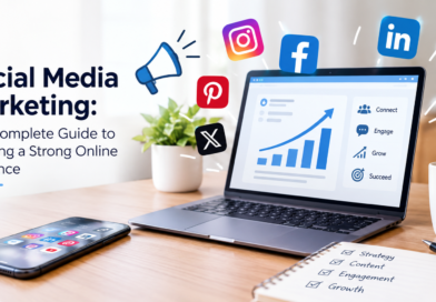 Social media marketing strategy with a laptop showing growth analytics, social media icons, and a smartphone, representing building a strong online presence.