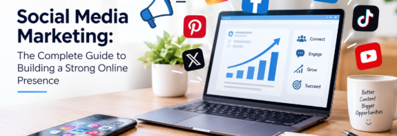 Social media marketing strategy with a laptop showing growth analytics, social media icons, and a smartphone, representing building a strong online presence.